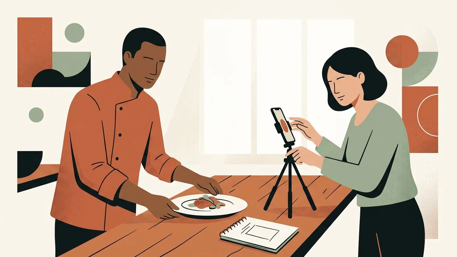 A chef centers a single plate under a phone set upright on a small tripod, wide margins around the dish