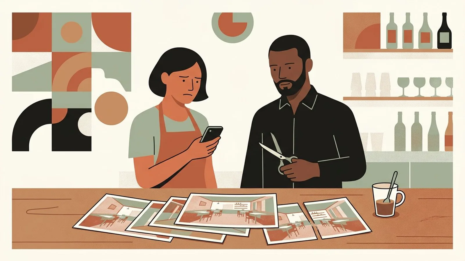 A restaurant owner frowns at a phone late at night, wide printed photos of the dining room scattered on the bar