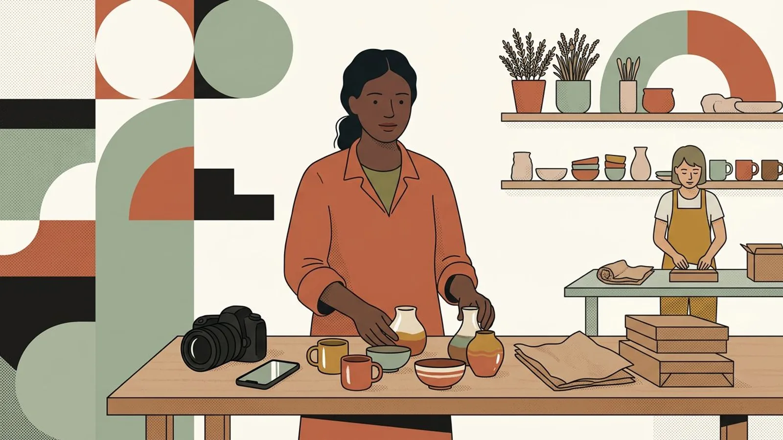 A ceramic artist arranges a new collection, camera, and parcels for an Instagram launch