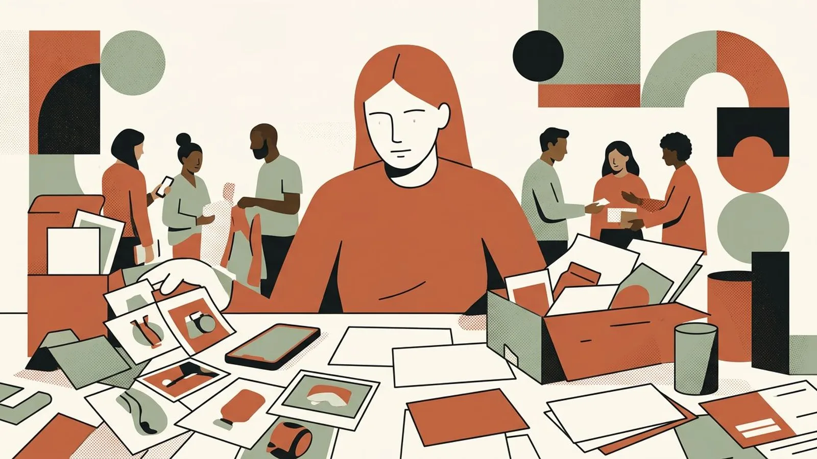 A maker faces scattered product photos and an unfinished launch plan at her workbench