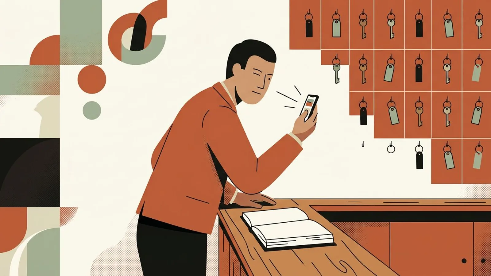 Ein Hotelier an der Rezeption kneift die Augen zusammen und hält das Handy weit von sich weg, um ein winziges Detail zu erkennen.