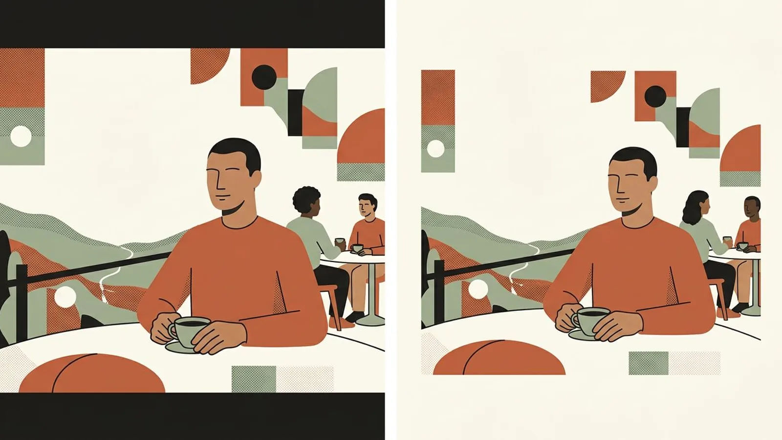 The same hotel terrace at breakfast in two tall panels: cut by dark bands on the left, framed whole on the right.