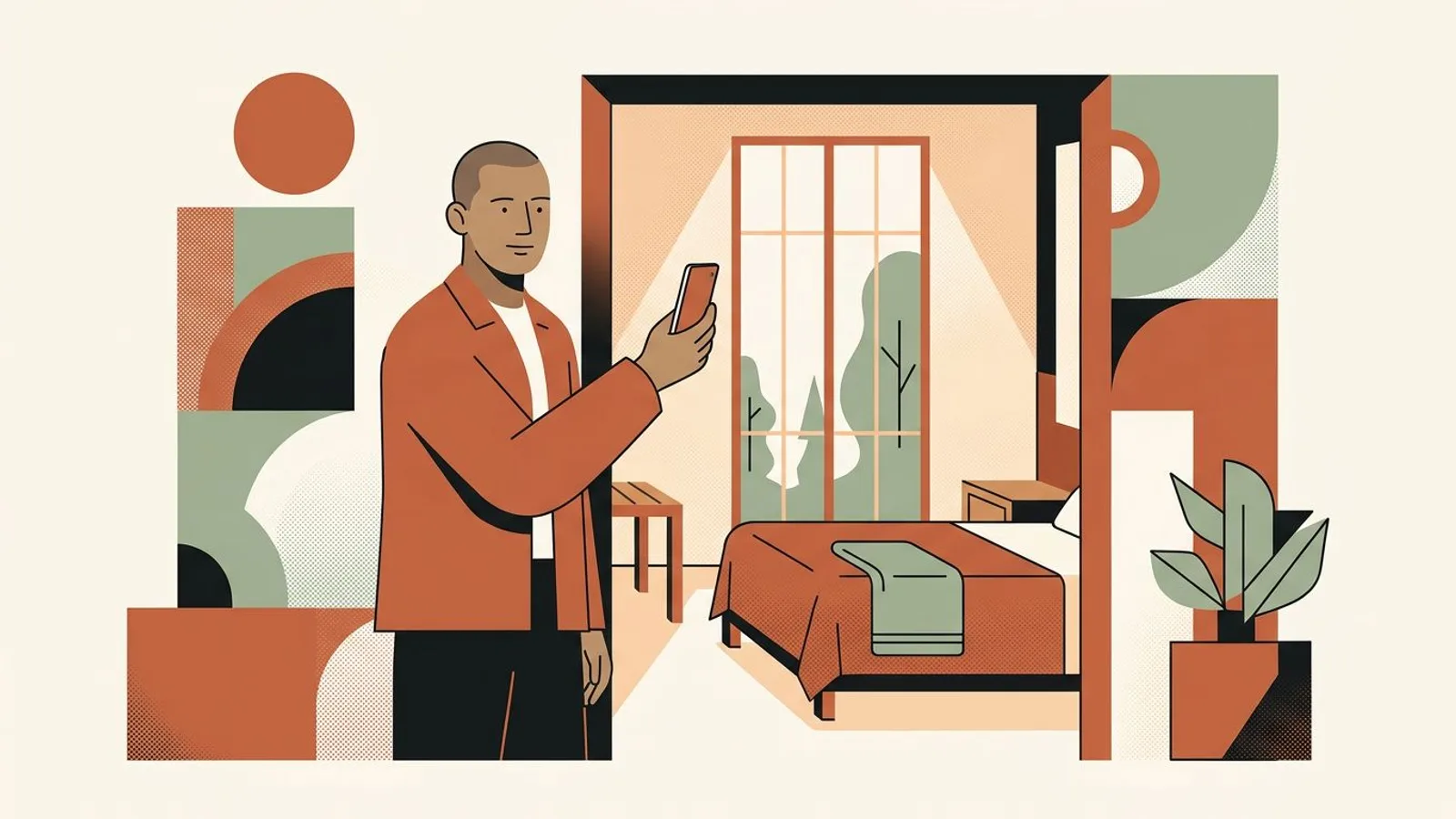 A hotel owner frames a sunlit guest room with his phone held upright, bed and tall window in one vertical shot.
