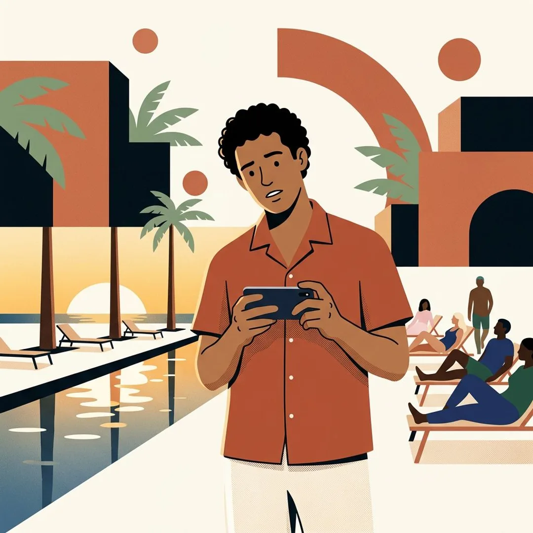 A hotelier holds his phone sideways in front of a long pool, palm trees and loungers spilling out of the narrow frame.