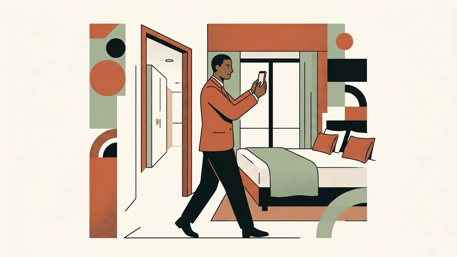 A hotelier walks from the corridor into a room, phone held upright at chest height to frame doorway, bed and window.