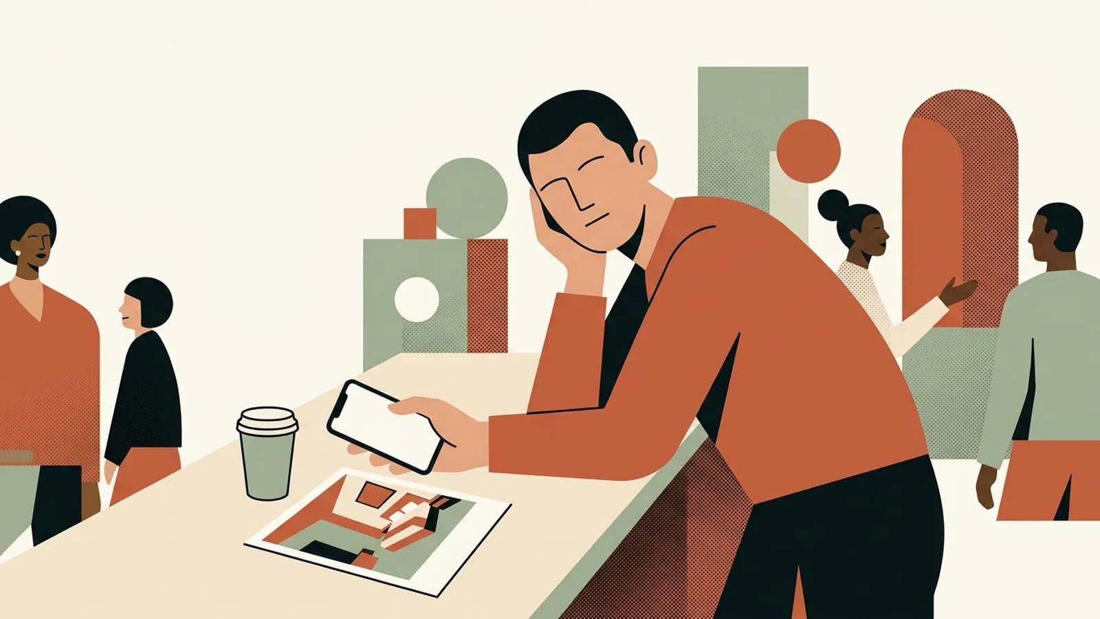 A tired hotelier at the front desk holds his phone sideways next to a printed room photo trimmed at the top and bottom.