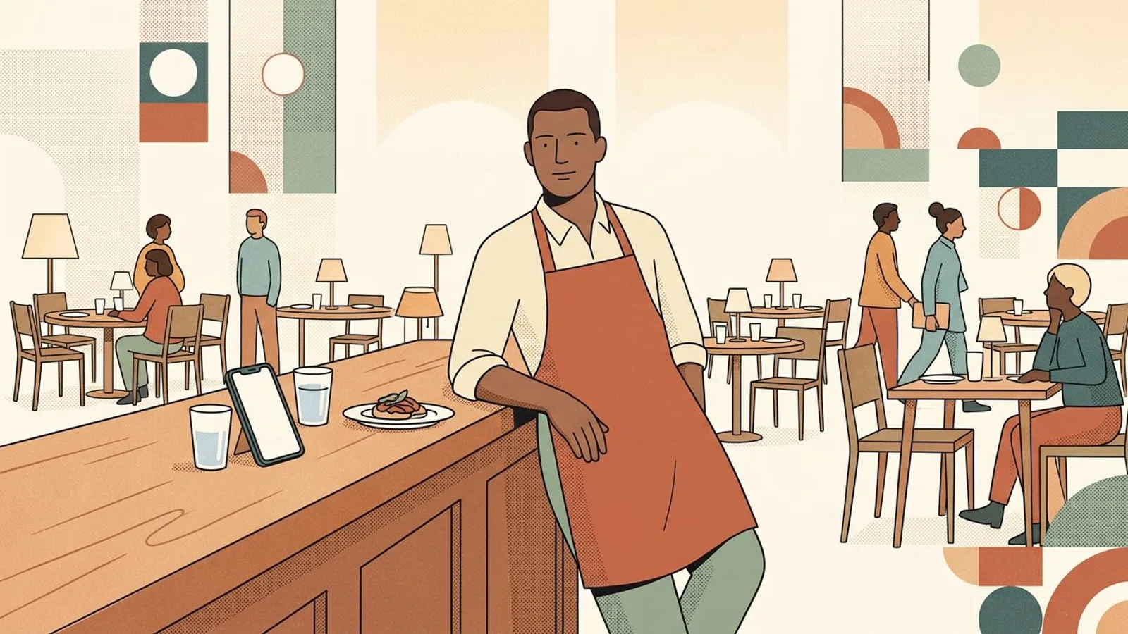 A calm restaurant owner leans on the counter after posting, phone upright beside the plate, dining room set behind him.