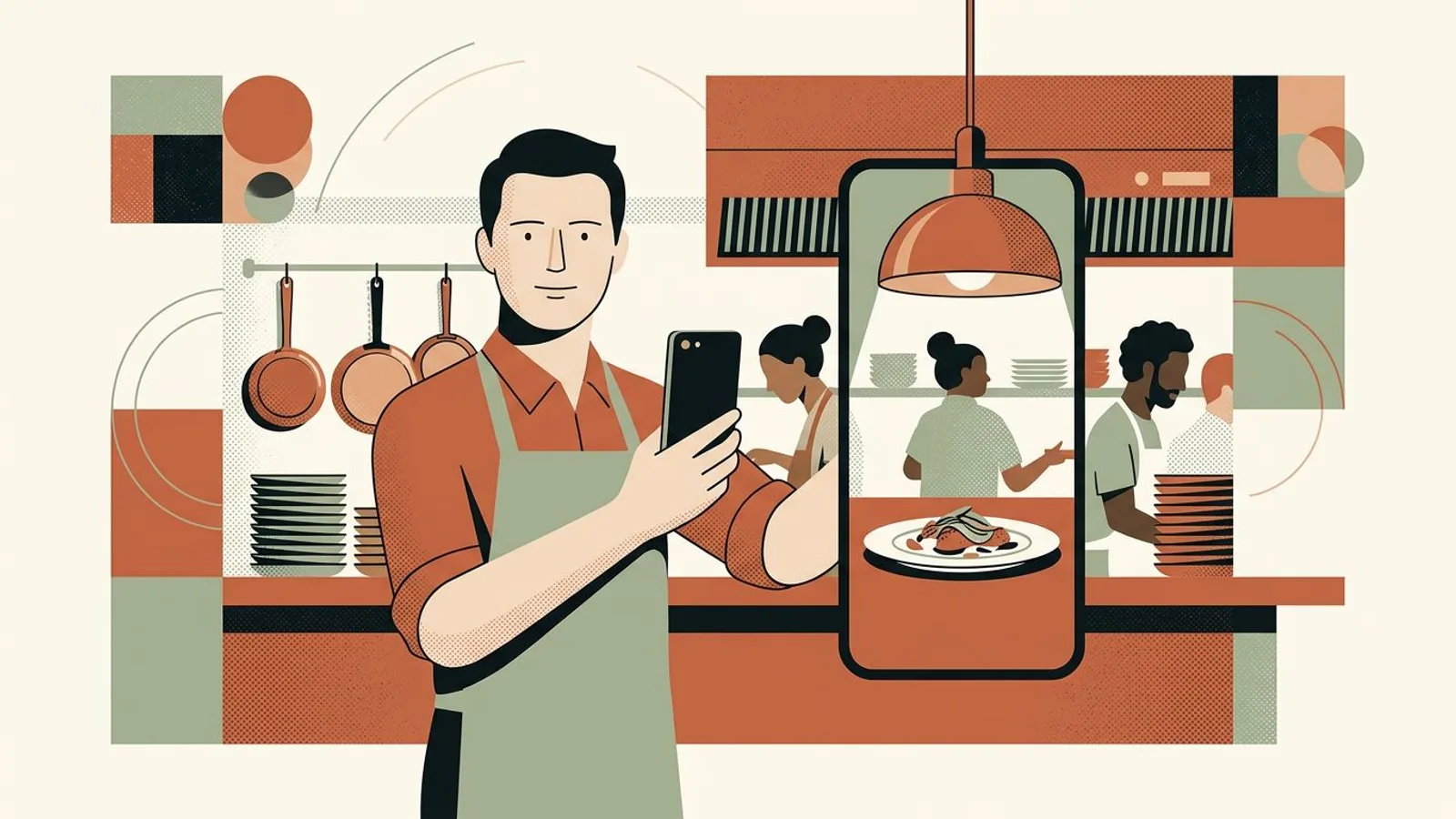 A restaurant owner at the pass holds his phone upright to photograph a plated special for a vertical story.