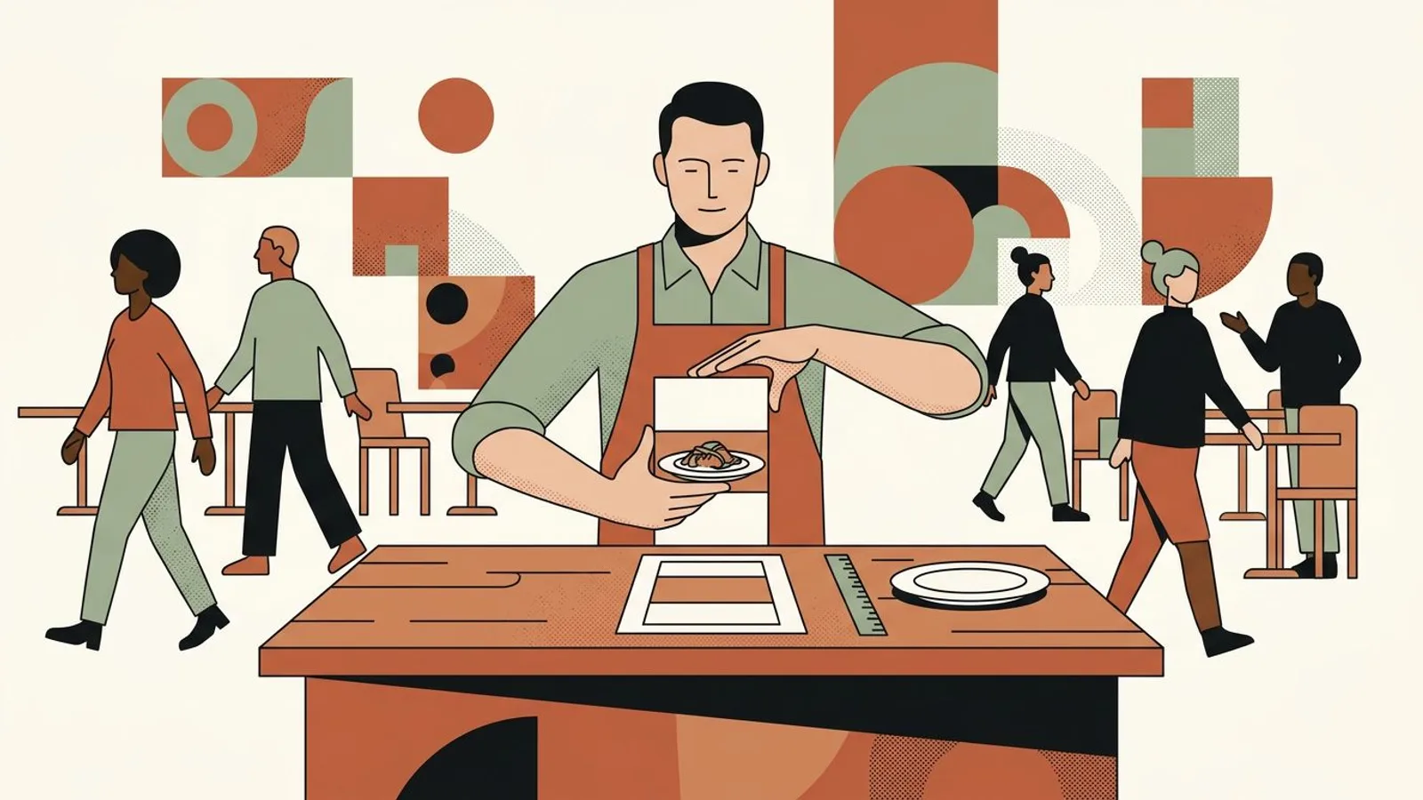 A restaurateur frames a dish inside a tall vertical rectangle, keeping it in the middle band and leaving both ends empty.