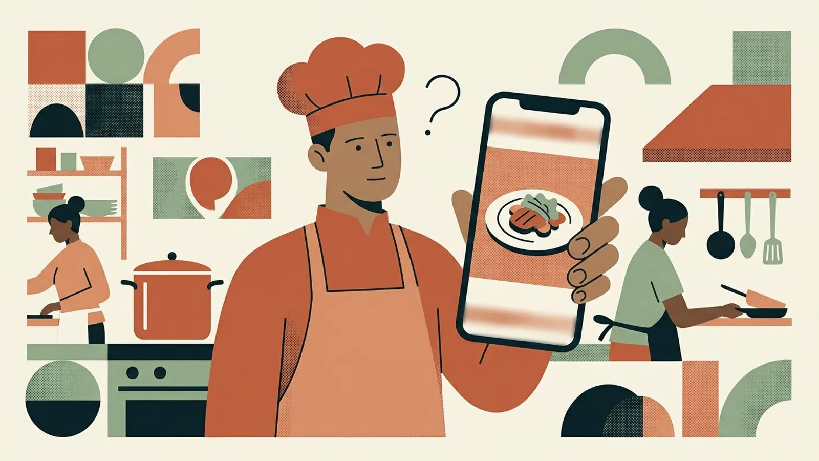 A puzzled chef looks at his phone: the plate in the story sits small between two blurred bands, its lower edge cut off.