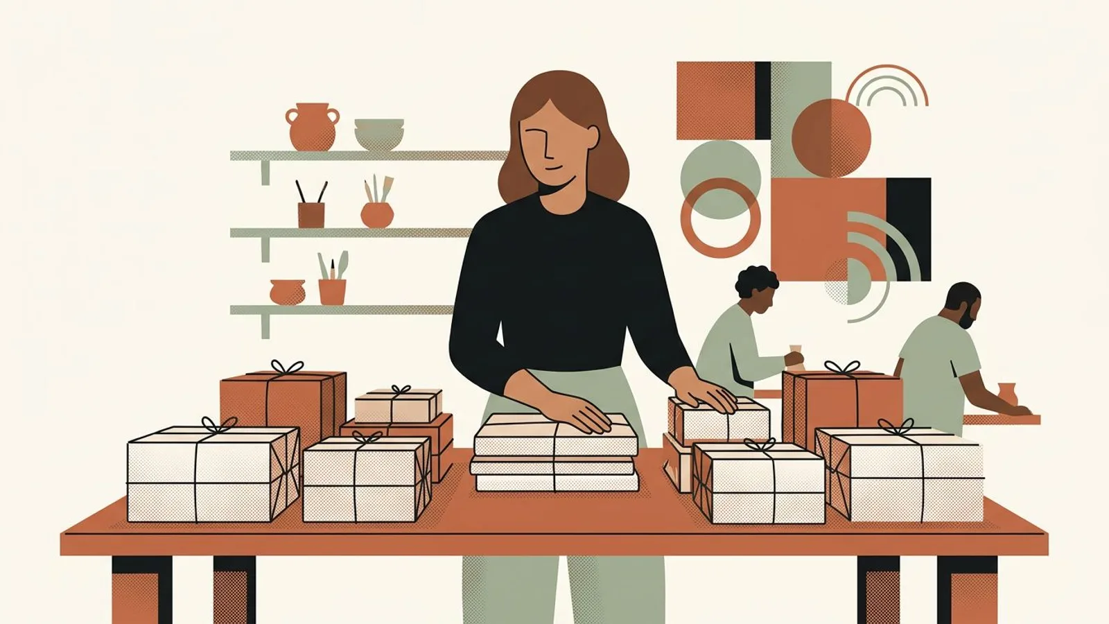 A maker stands over a table of wrapped parcels ready to ship, her shelves nearly empty.