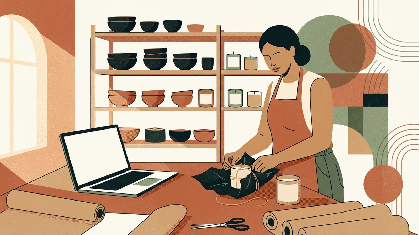A maker wraps a handmade candle order at her studio table, finished bowls and candles on the shelves behind her.