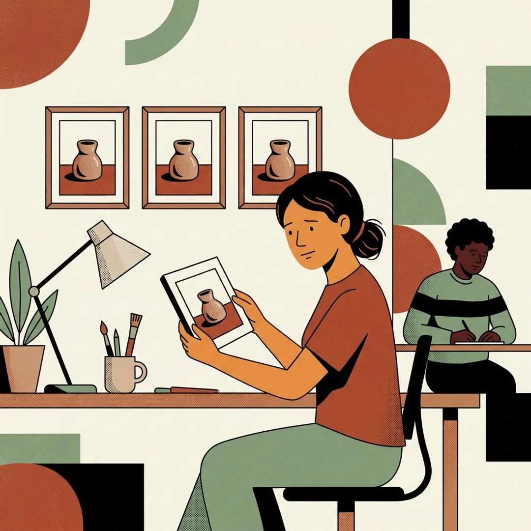 A maker hesitates at her desk, holding one product photo beside three identical framed copies of it.