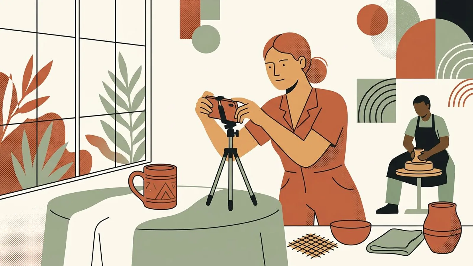 A maker photographs a ceramic mug with her phone on a small tripod by the window.
