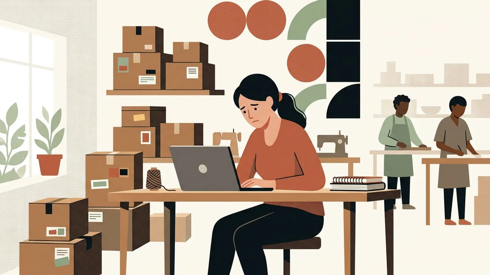 A maker frowns at her laptop at the workbench, boxes of unsold handmade stock stacked around her.