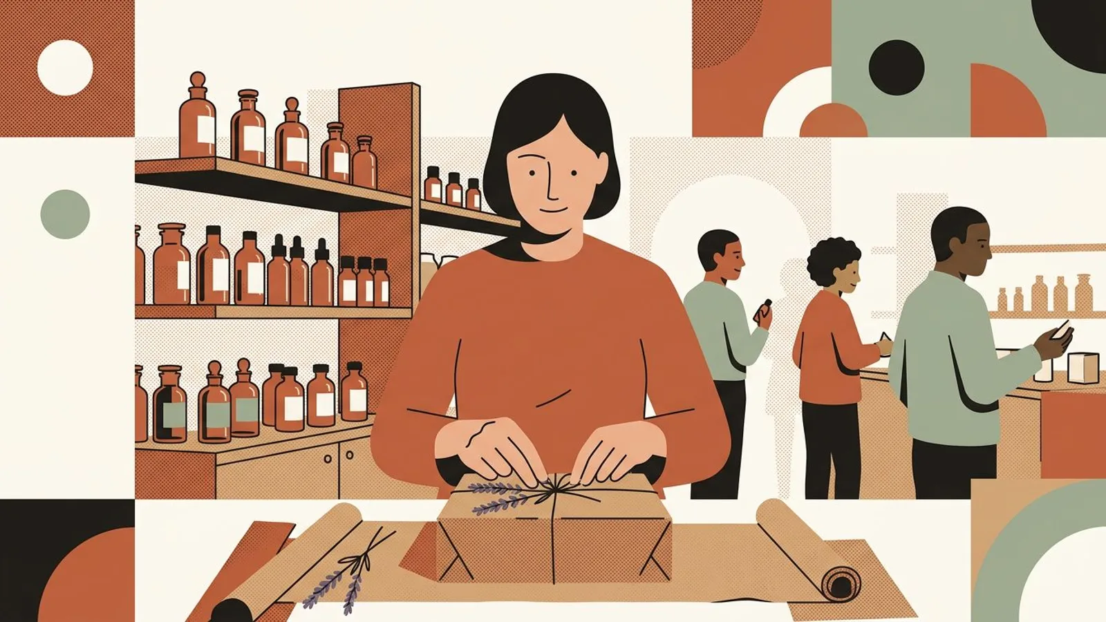 Una perfumista envuelve un pedido en papel kraft con una ramita de lavanda, delante de estanterías con frascos ámbar