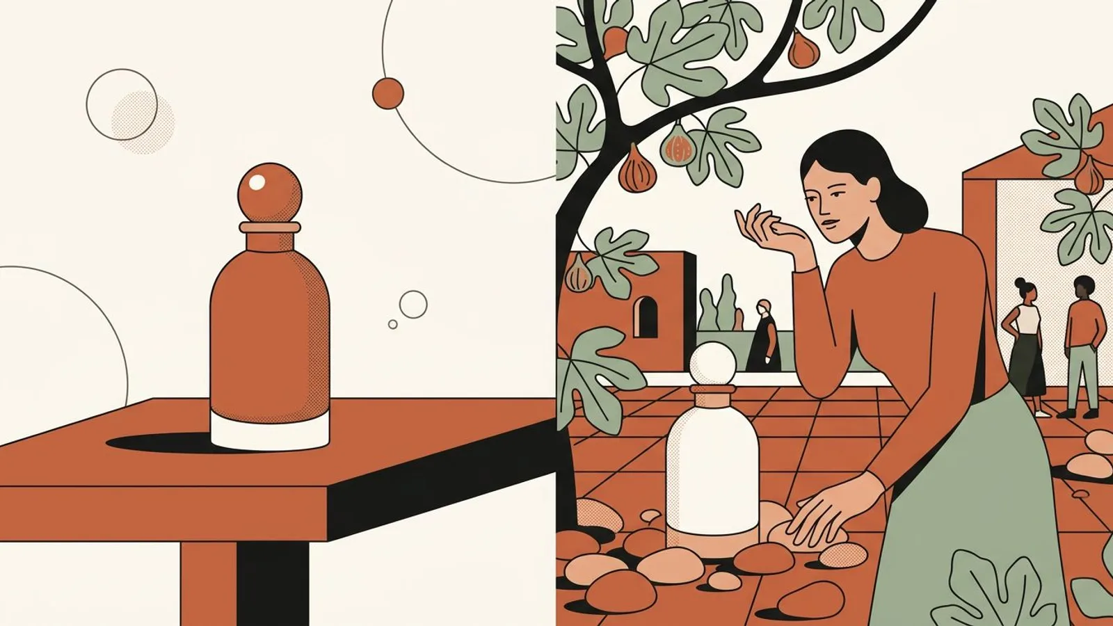 El mismo frasco de perfume, solo sobre una mesa vacía y luego entre piedras bajo una higuera, donde una mujer huele su muñeca