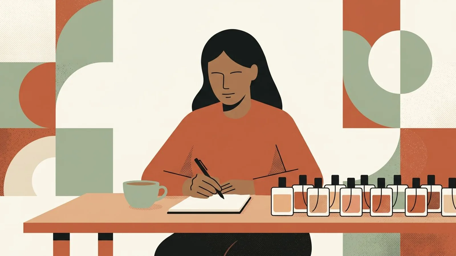 Una vendedora de perfumes escribe en un cuaderno junto a una taza de té y una larga fila de frascos casi idénticos