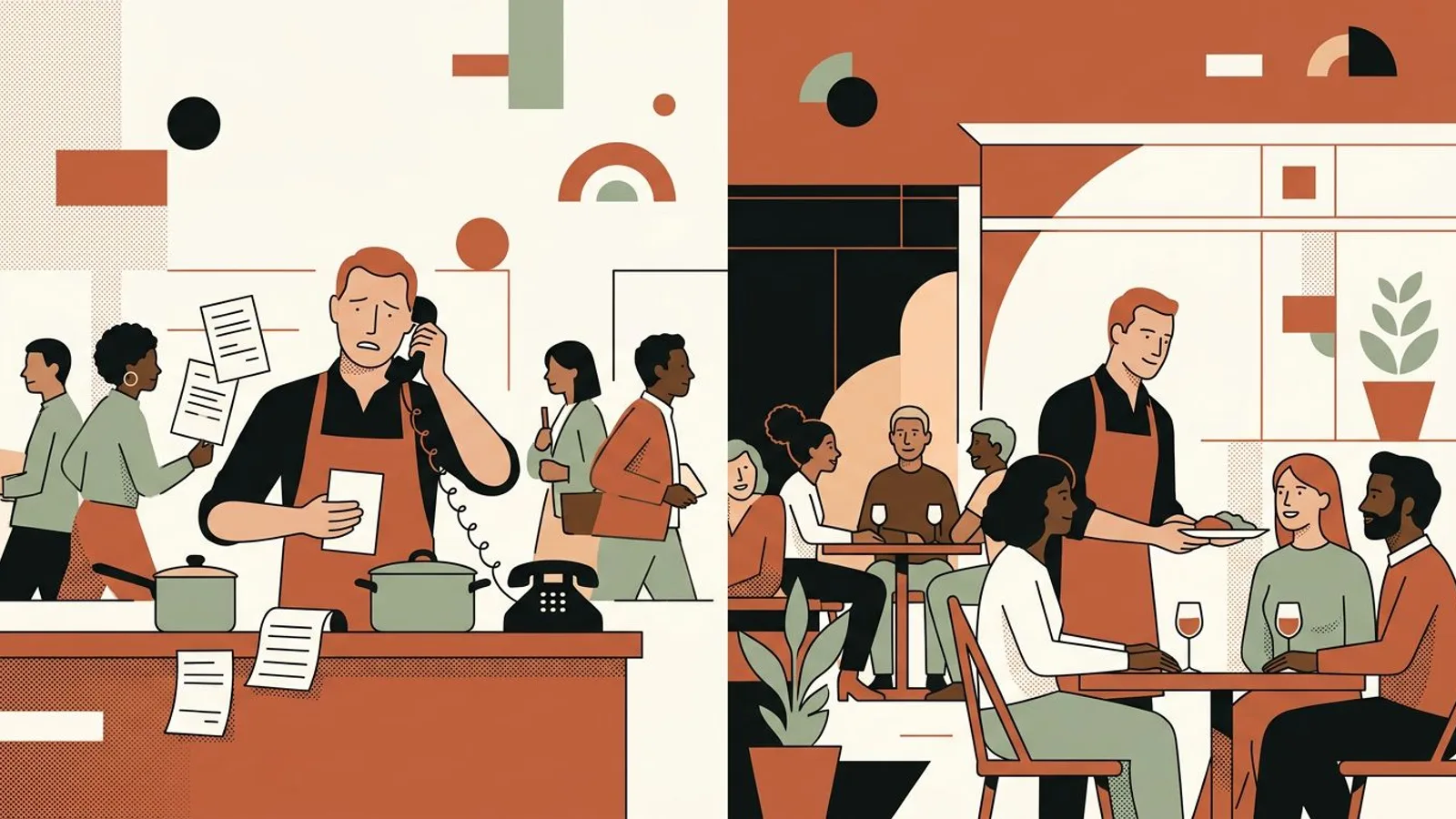 La même brasserie en deux temps : un comptoir débordé à midi, puis une salle pleine et calme un soir de semaine