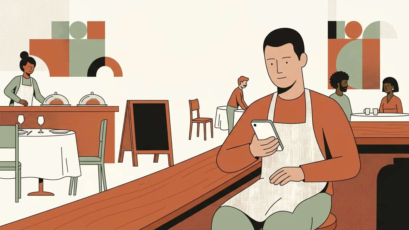Un restaurateur programme sur son téléphone les publications de la semaine, assis au comptoir avant le service