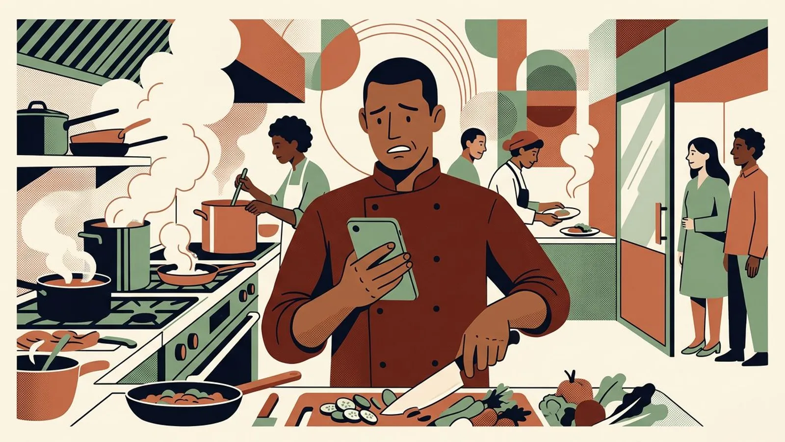 Un chef en pleine mise en place, couteau dans une main et téléphone dans l'autre, pendant que les premiers clients attendent