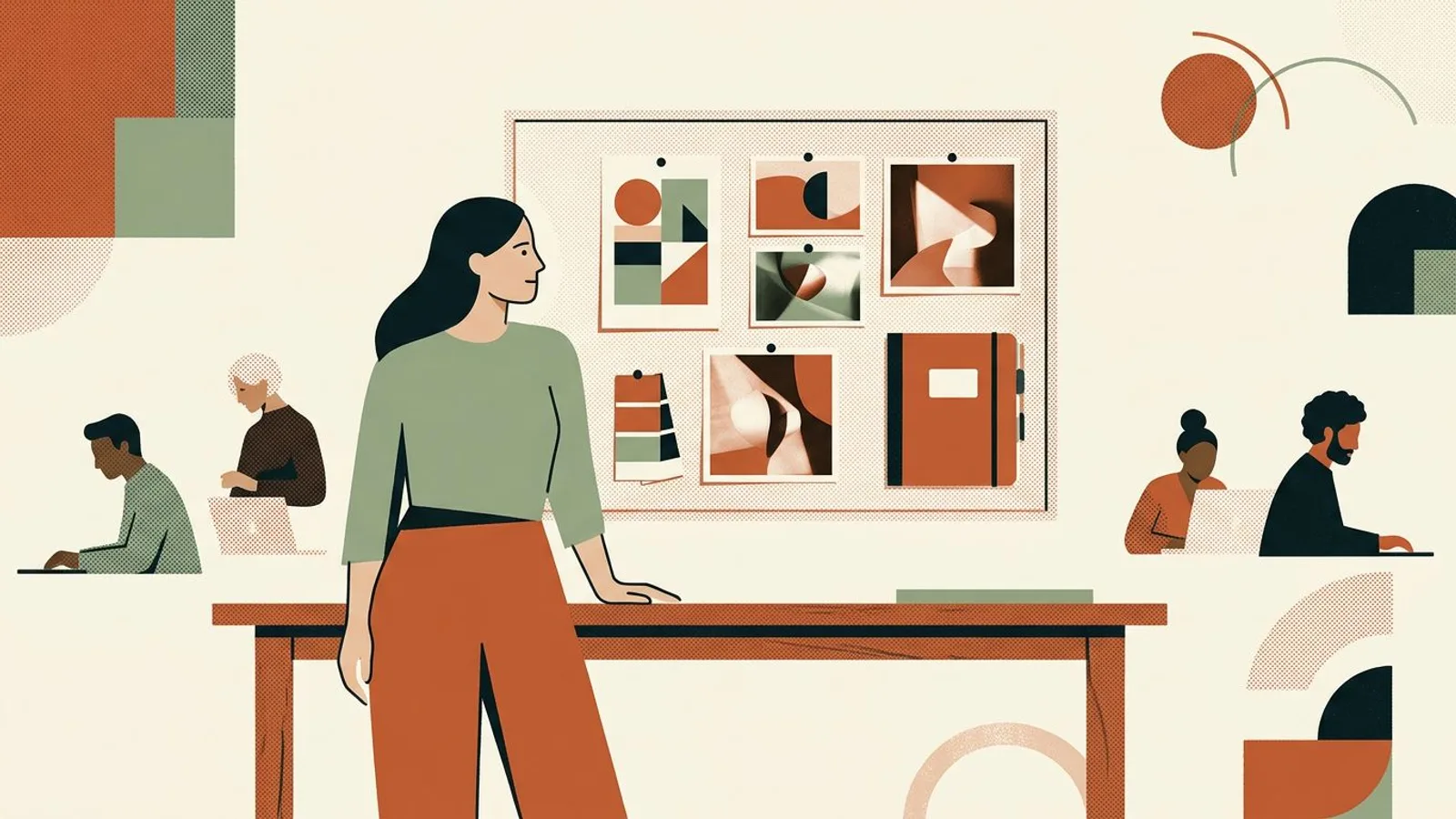 A calm digital designer stands before a tidy wall of coordinated abstract product samples
