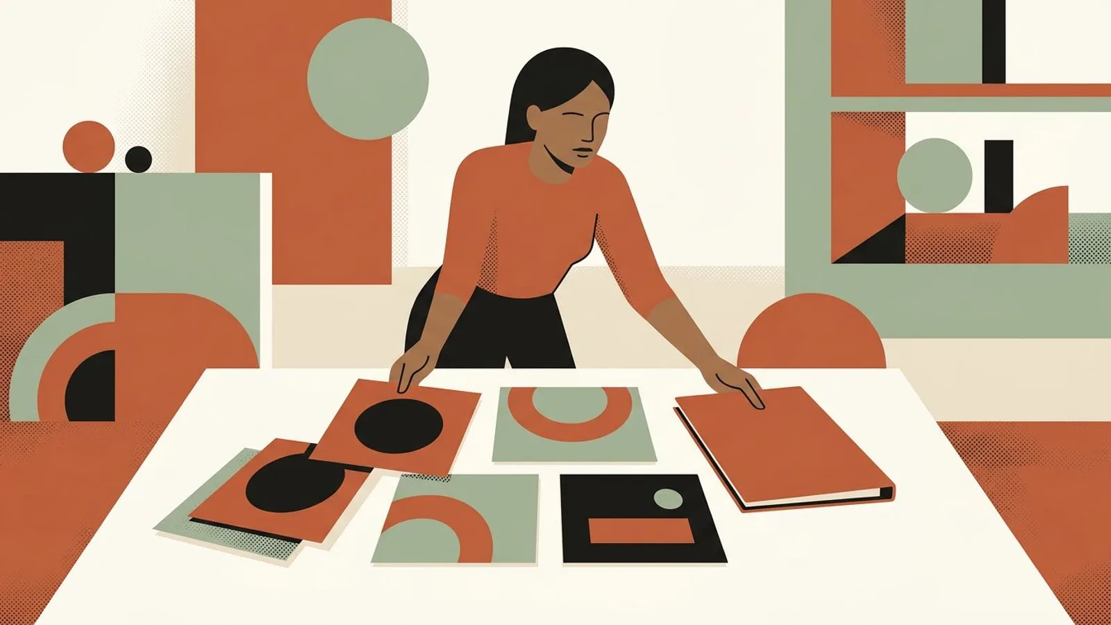 A digital designer groups geometric print samples beside a plain closed portfolio