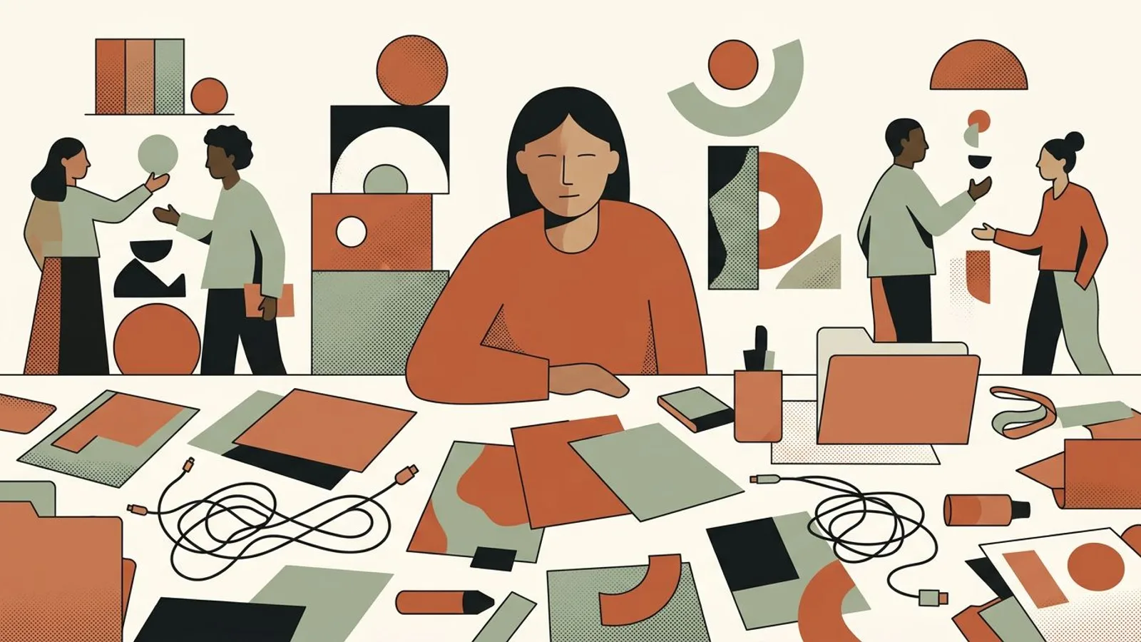 A tired digital designer faces scattered color sheets, loose cables, and empty folders