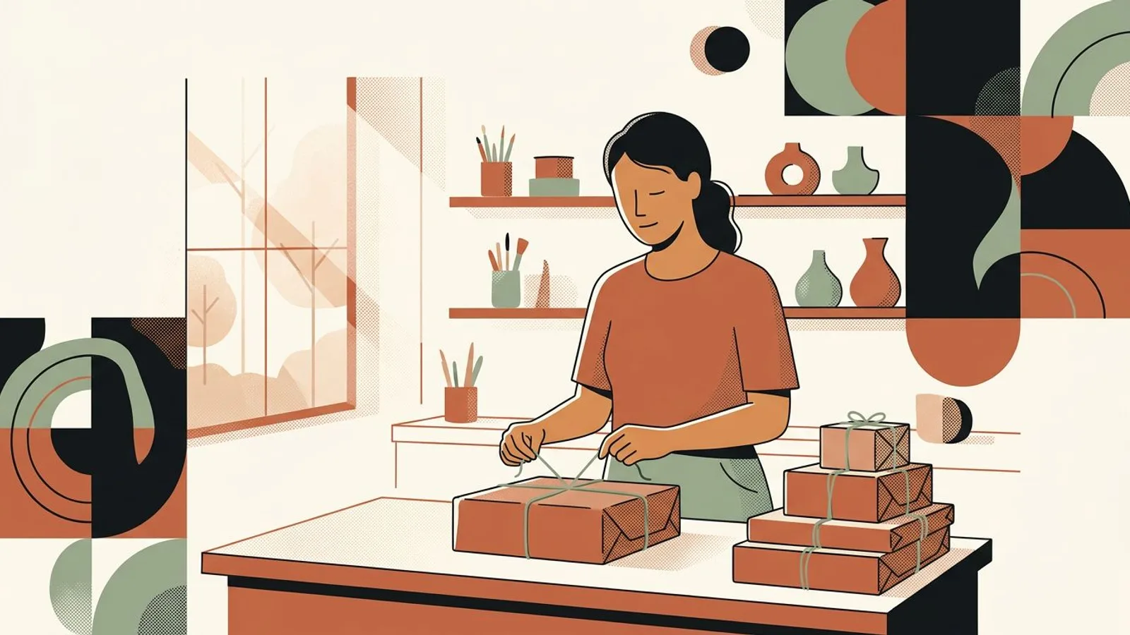 The maker calmly ties twine around a parcel, a stack of ready-to-ship orders beside her in morning light