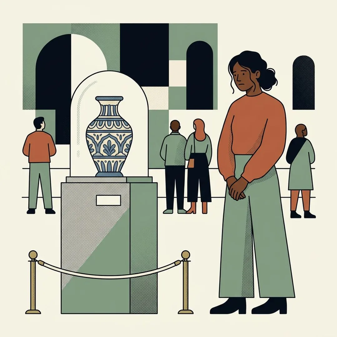 A handmade piece displayed under a glass dome like a museum exhibit, a buyer kept at a distance