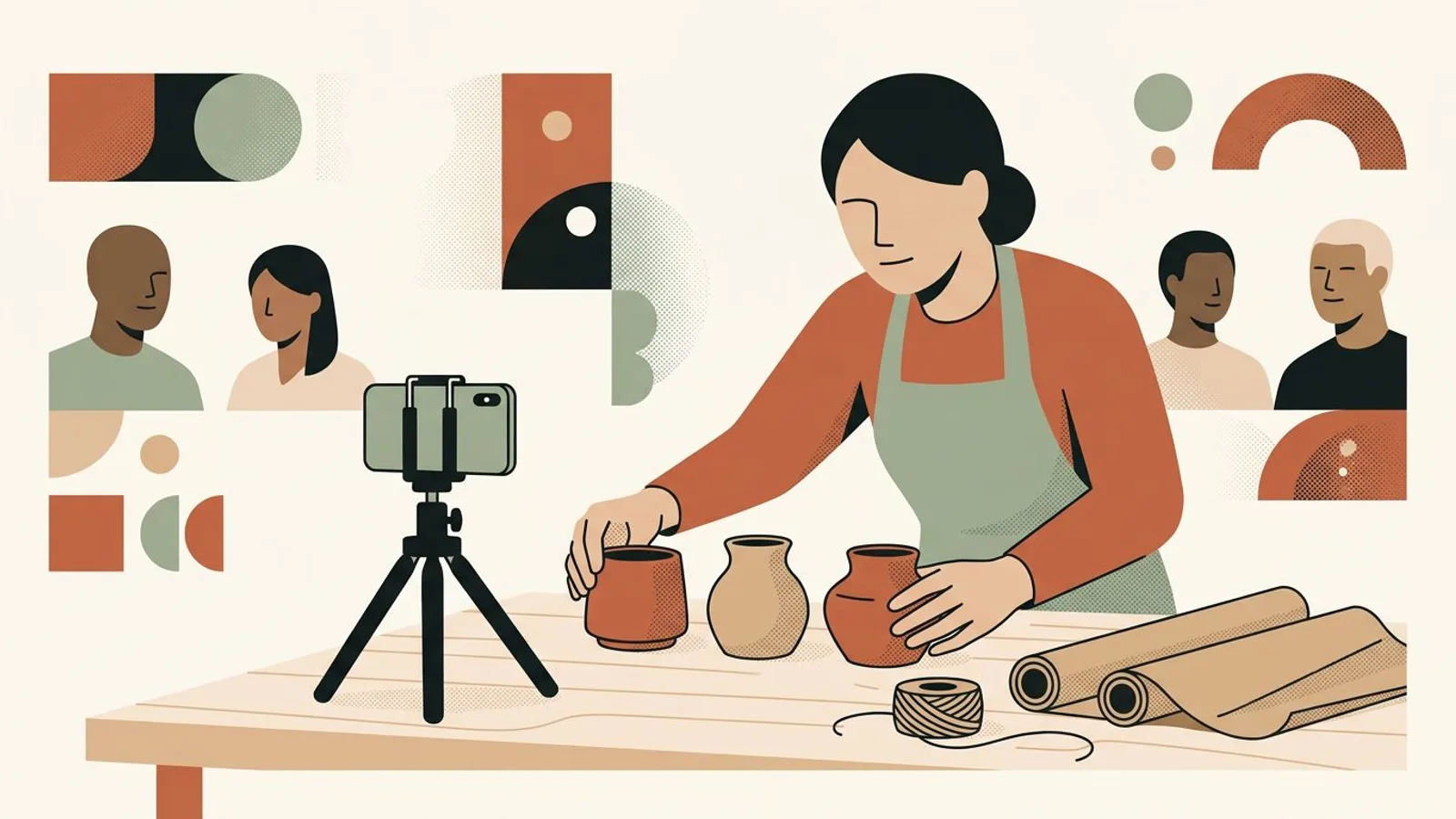 The maker lines up three ceramic pieces on a clean table, phone on a tripod, kraft paper and twine at hand