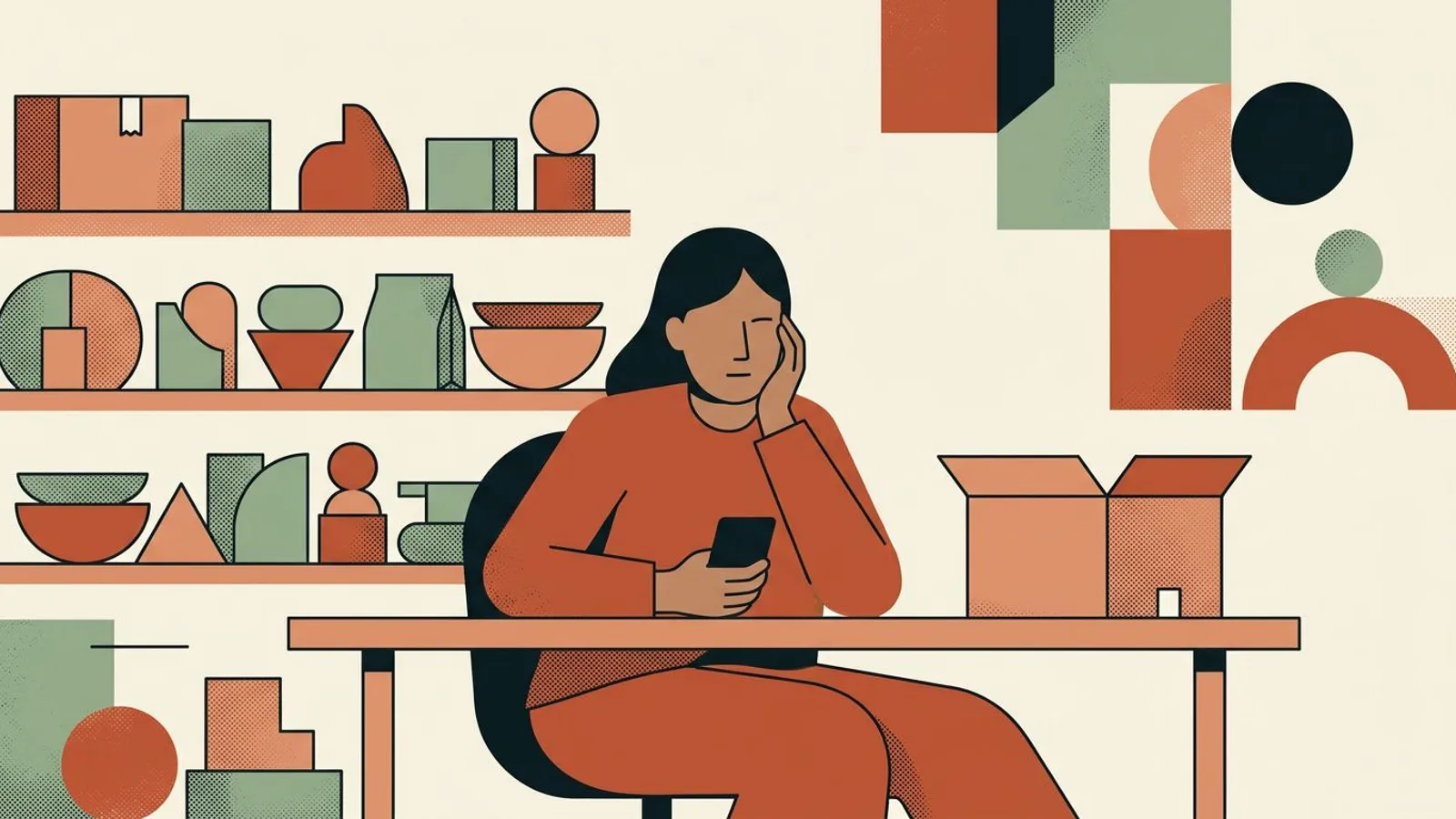A maker looks at her phone, puzzled, in front of shelves full of unsold handmade pieces and an empty shipping box