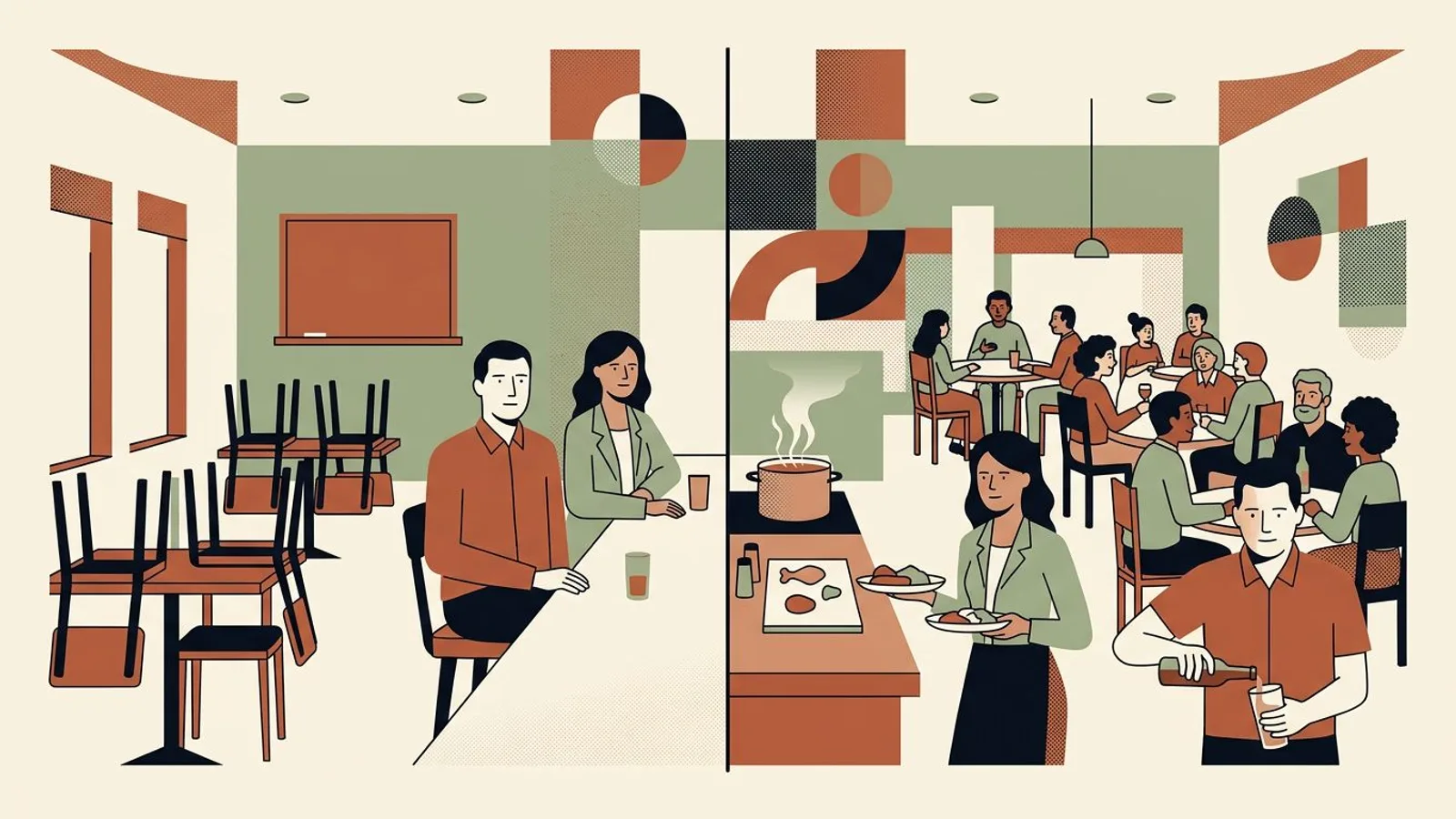 El mismo comedor un martes por la noche: a la izquierda medio vacío con sillas apiladas, a la derecha lleno de clientes y con la olla en el pase