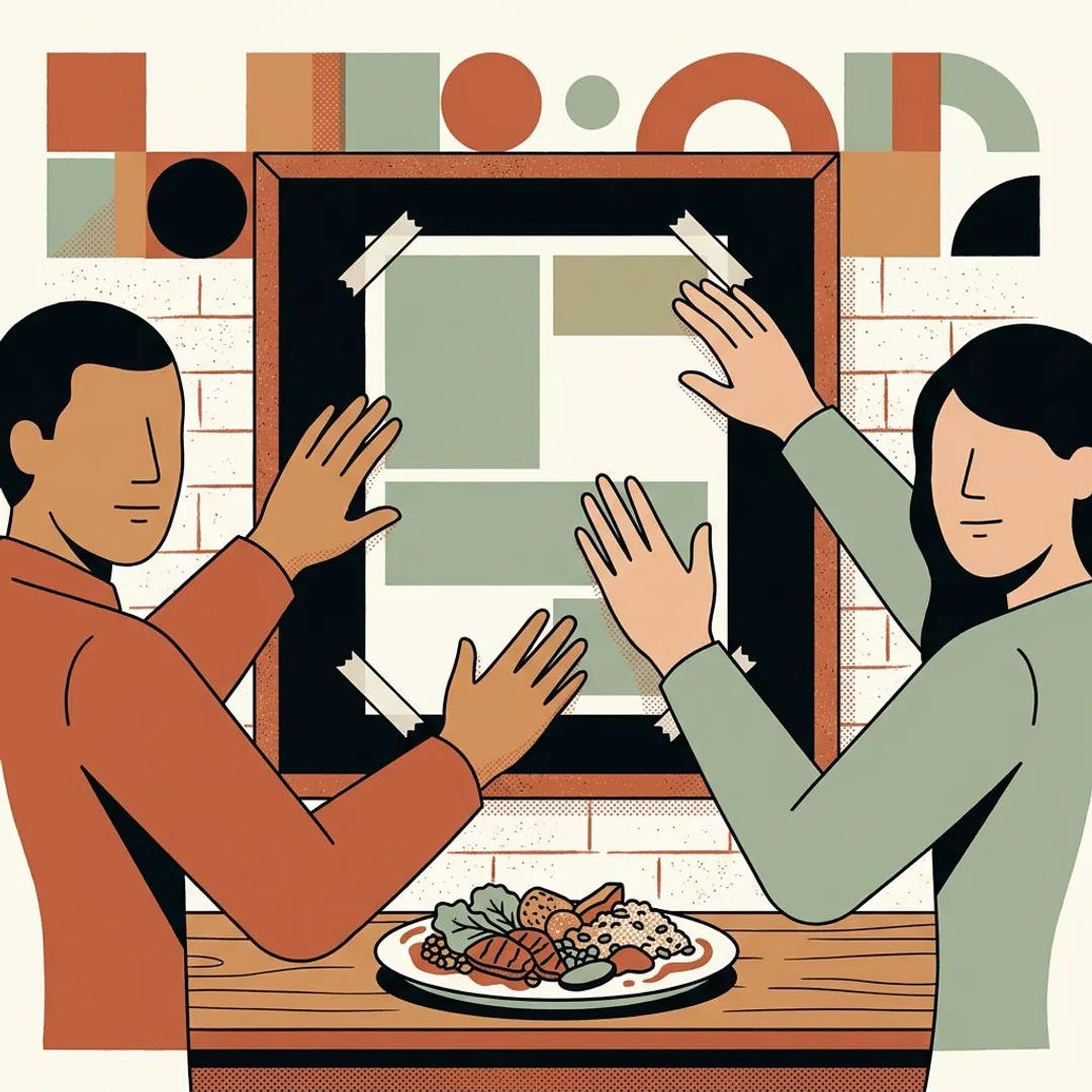 Unas manos pegan un cartel genérico de colores planos sobre la pizarra de la carta, con un plato apartado en la barra